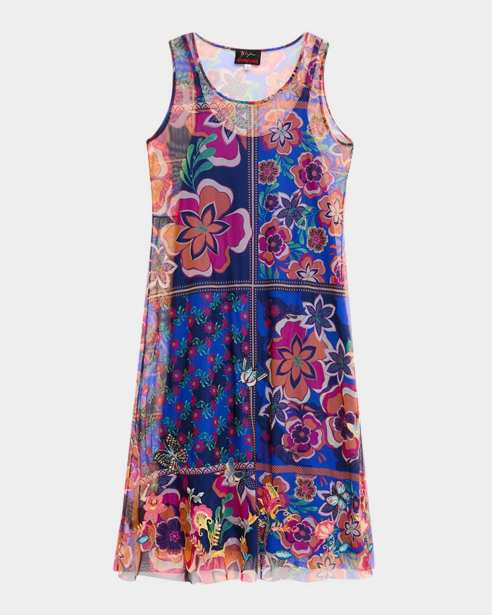 Mazzy Patchwork Floral-Print Mesh Midi Dress
